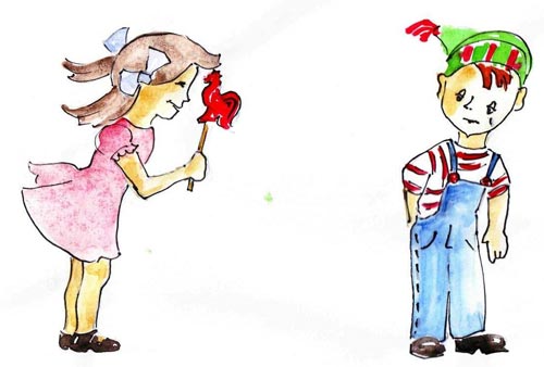 3. Дівчинка дражнить хлопчика цукеркою 