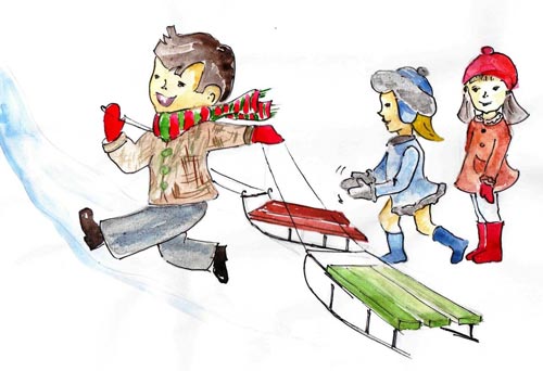 Хлопчик допомагає двом дівчаткам піднімати санки на гірку